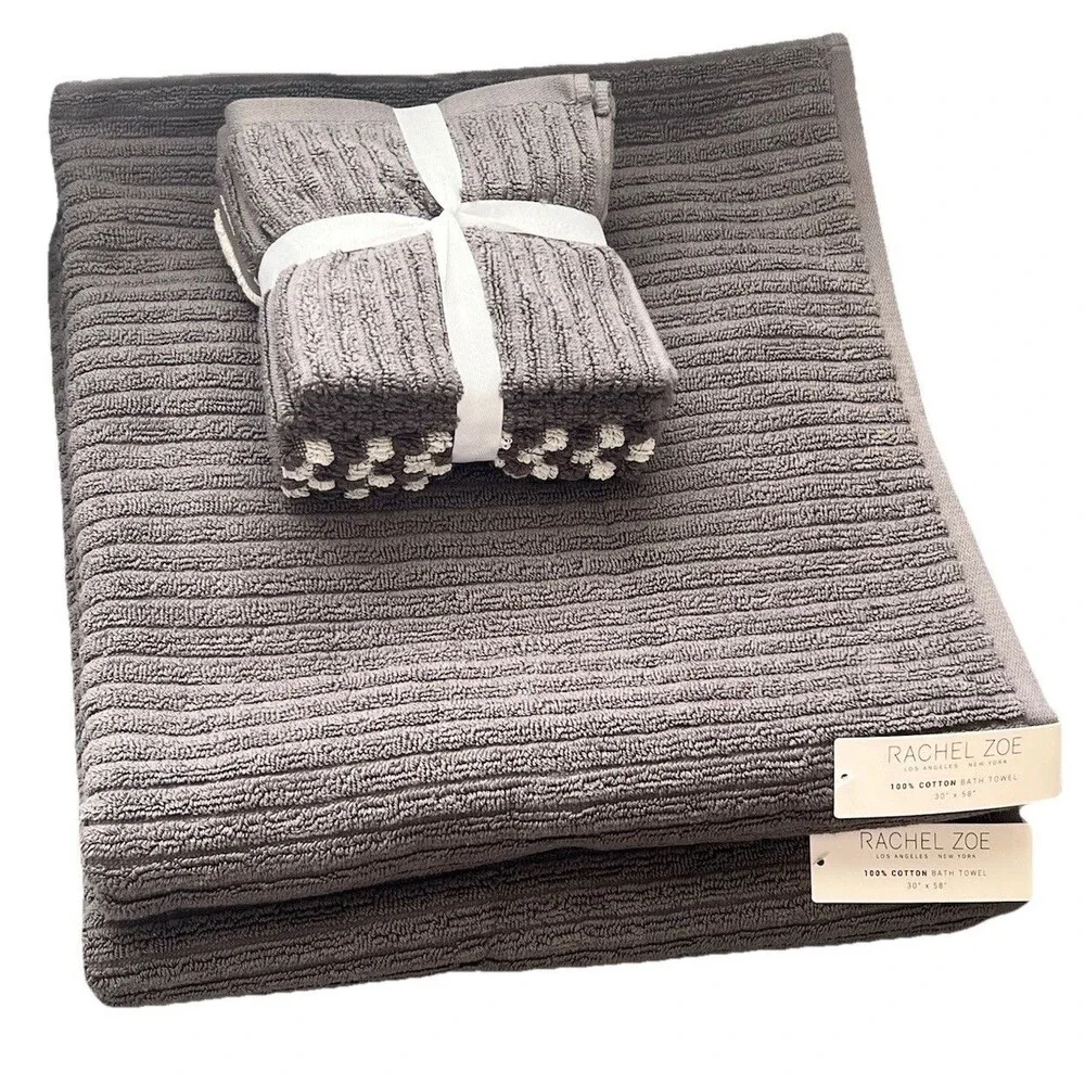 Rachel Zoe GRAY Cotton Bath Towel Set 2 Bath & 4 Washcloth New